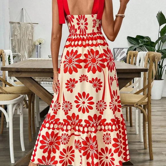 White Casual Women's Floral Print Shoulder Strap Cinched Waist Long Maxi Dress - Picture 2 of 6